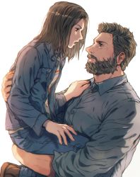 10s 1boy 1girl age_difference animification bad_id bad_pixiv_id beard brown_hair carrying eye_contact facial_hair father_and_daughter grey_hair jacket logan_(film) logan_(movie) looking_at_another manly marvel open_mouth qin_(7833198) simple_background wolverine_(x-men) x-23 x-men