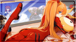  1girl ass blue_eyes bodysuit breasts character_doll closed_mouth english_text eyebrows from_side hair_between_eyes hair_ornament highres homu_(honkai_impact) honkai_(series) honkai_impact_3rd hugging_doll hugging_object ikari_shinji interface_headset leg_up long_hair looking_at_viewer lxy122 lying mecha neon_genesis_evangelion on_stomach orange_hair pilot_suit plugsuit rebuild_of_evangelion robot skin_tight smile soryu_asuka_langley souryuu_asuka_langley thighs two_side_up very_long_hair 