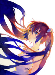  1girl bare_shoulders blue_eyes blue_hair dress floating_hair hair_between_eyes hatsune_miku jewelry long_hair looking_up necklace painting_(medium) parted_lips rei_(456789io) simple_background sleeveless solo star_(symbol) tears traditional_media twintails upper_body very_long_hair vocaloid watercolor_(medium) white_background white_dress 