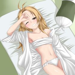 1girl absurdres alternate_hairstyle arm_at_side arm_up blonde_hair blush breasts brown_eyes chest_sarashi cleavage collarbone cowboy_shot dot_nose drooling eyebrows female_focus fundoshi futon half-closed_eye hand_on_own_forehead highres japanese_clothes kunoichi_tsubaki_no_mune_no_uchi legs_together long_hair looking_at_viewer lsp_(kskm4478) navel one_eye_closed open_clothes open_robe parted_lips petite robe sarashi small_breasts solo tsuwabuki_(kunoichi_tsubaki_no_mune_no_uchi) waking_up white_robe