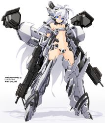 1girl antenna_hair armor armored_boots armored_core armored_core:_for_answer bare_shoulders blue_eyes boots character_name closed_mouth collarbone copyright_name crotch_plate detached_collar dual_wielding full_body gluteal_fold gradient_background gun headgear highres holding holding_gun holding_weapon karukan_(monjya) legs_apart long_hair looking_at_viewer mecha_musume navel revealing_clothes revision shadow silver_hair solo standing stomach thigh_boots thighhighs very_long_hair weapon white_background white_glint rating:Sensitive score:25 user:danbooru
