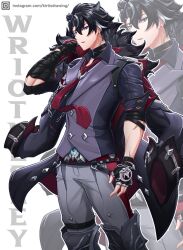  1boy belt black_choker black_gloves black_hair black_jacket black_shirt boots chain character_name choker collarbone collared_shirt commentary cowboy_shot earrings english_commentary fingerless_gloves fur-trimmed_jacket fur_trim genshin_impact gloves grey_pants grey_vest hair_between_eyes hair_intakes highres instagram_logo instagram_username jacket jacket_on_shoulders jewelry kirt_dust knee_boots looking_at_viewer male_focus multicolored_hair necktie pants parted_lips purple_eyes red_necktie shirt short_hair simple_background sleeves_rolled_up solo spiked_hair streaked_hair toned toned_male unworn_jacket vest white_background wriothesley_(genshin_impact) 