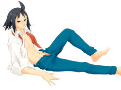 1boy ahoge akosan arm_support barefoot black_eyes black_hair blue_pants cheren_(pokemon) creatures_(company) feet game_freak leaning_back looking_at_viewer male_focus matching_hair/eyes navel nintendo no_panties open_clothes open_fly open_shirt pants pokemon pokemon_bw2 red_neckwear shirt short_hair simple_background sitting smile solo white_background white_shirt