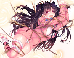  1girl bdsm black_hair blush breasts chain chained crying embarrassed fate_(series) feet floating floating_hair gold_chain haruka_natsuki ishtar_(fate) ishtar_(swimsuit_rider)_(fate) jacket large_breasts long_hair nervous open_mouth panties portal portal_(series) red_eyes soles tears tiara toes underwear white_background 