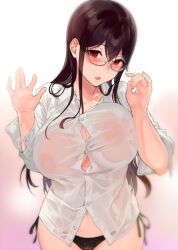  1girl black_panties blush breasts brown_hair colorized glasses huge_breasts large_breasts long_hair open_mouth panties red_eyes sasamori_tomoe see-through see-through_shirt simple_background solo succubus_stayed_life sweat tagme underwear without_bra 