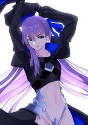  1girl :d arms_up black_shirt blue_bow blue_eyes bow collarbone commentary_request crop_top crotch_plate fate/extra fate/extra_ccc fate_(series) groin hair_between_eyes hair_bow high_collar highres juliet_sleeves kiyomin long_hair long_sleeves looking_at_viewer meltryllis_(fate) navel open_mouth puffy_sleeves purple_hair shirt simple_background sleeves_past_fingers sleeves_past_wrists smile solo v-shaped_eyebrows very_long_hair white_background 