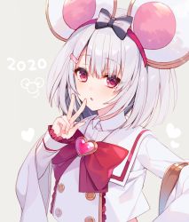  1girl 2020 animal_ears bow brooch commentary_request frilled_sleeves frills granblue_fantasy grey_background hair_bow heart heart_brooch jewelry long_sleeves looking_at_viewer mayachi_(amuriya) mouse_ears parted_lips red_bow red_eyes shirt silver_hair simple_background sleeves_past_wrists solo striped striped_bow upper_body v vikala_(granblue_fantasy) white_shirt 