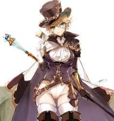 1girl apt armor ascot bad_id bad_pixiv_id belt between_fingers black_footwear black_hat blonde_hair boots cape chat_noir_(granblue_fantasy) closed_mouth corset cowboy_shot elbow_gloves genderswap genderswap_(mtf) gloves granblue_fantasy green_eyes groin hair_between_eyes hand_up hat head_tilt highres holding holding_staff monocle short_hair shoulder_armor signature simple_background smile solo staff standing thigh_boots thighhighs thighhighs_under_boots top_hat tsurime vambraces white_ascot white_background white_cape white_gloves white_thighhighs yellow-framed_eyewear rating:Sensitive score:11 user:danbooru