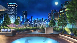  building bush city cityscape couch fence full_moon highres kashimuraito moon night night_sky no_humans original outdoors pool scenery sky tree urban water 