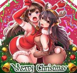 2girls animal_costume antlers ass bare_shoulders bell black_hair breasts brown_eyes brown_hair christmas detached_sleeves double_bun dress elbow_gloves embarrassed fake_antlers fur_trim gloves hair_bun haruna_(kancolle) hat headgear highres hip_focus horns kantai_collection kongou_(kancolle) long_hair merry_christmas multiple_girls nicoby open_mouth purple_eyes red_dress red_gloves reindeer_antlers reindeer_costume reindeer_custome santa_costume santa_hat thighs wide_hips rating:Explicit score:9 user:danbooru
