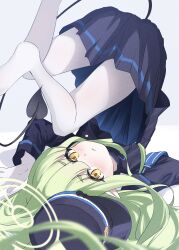  1girl absurdres blue_archive blue_hat blue_jacket blue_skirt blush commentary demon_tail gloves green_hair green_halo hair_between_eyes halo hat highres hikari_(blue_archive) jacket kazu_(kauk3753) legs long_hair long_sleeves looking_at_viewer no_shoes pantyhose pointy_ears serious sidelocks skirt solo tail thighs uniform upside-down v-shaped_eyebrows white_background white_gloves white_pantyhose yellow_eyes 