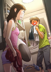 1boy 1girl artist_request bare_shoulders blush breasts brother_and_sister brown_hair camisole caught smelling_clothes constricted_pupils embarrassed full-face_blush green_shirt laundry laundry_basket midriff original pants school_uniform serafuku shirt short_hair short_sleeves shorts siblings sink small_breasts smelling surprised sweatdrop tissue tissue_box walk-in washing_machine rating:Sensitive score:47 user:danbooru
