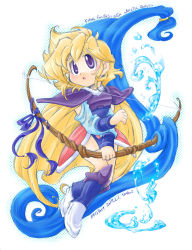  1girl armor blonde_hair bow_(weapon) cape character_name copyright_name dated faye fei_(ffmq) final_fantasy final_fantasy_mystic_quest graphite_(medium) open_mouth phoebe_(ffmq) purple_eyes ribbon shirokiya_tanbo sketch solo traditional_media water weapon 