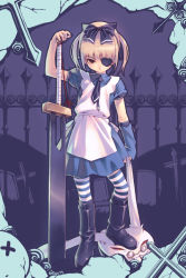 1girl alice_(alice_in_wonderland) alice_(alice_in_wonderland)_(cosplay) alice_in_wonderland apron blonde_hair boots bow brown_eyes cosplay cross dress eyepatch glasses hair_bow hairband heart heart_eyepatch hitokata_no_ou kuroba_nao latin_cross necktie pantyhose short_twintails striped_clothes striped_pantyhose striped_thighhighs sword tasaka_shinnosuke thighhighs twintails weapon white_rabbit_(alice_in_wonderland) rating:Sensitive score:11 user:danbooru