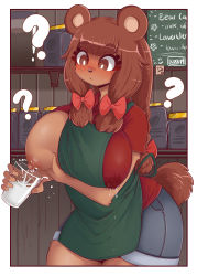  1girl ? absurdres animal_ears apron apron_aside bear_ears bear_girl bear_tail beau_(luxurias) blunt_bangs bow braid grabbing_another&#039;s_breast breasts breasts_squeezed_together brown_eyes brown_hair cafe clothes_lift cup denim denim_shorts furry furry_female grabbing grabbing_own_breast hair_bow highres holding holding_cup iced_latte_with_breast_milk_(meme) lactating_into_container lactation lactation_through_clothes large_breasts looking_down luxu meme milk nipples one_breast_out original red_bow shirt shirt_lift shorts sidelocks solo t-shirt tail  rating:Explicit score:193 user:milkypuppy