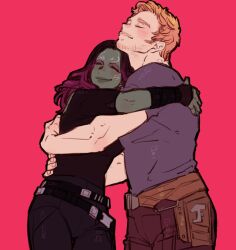  1boy 1girl animification arm_warmers belt black_belt black_hair black_pants black_shirt brown_belt brown_pants closed_eyes closed_mouth colored_skin commentary couple dishing facial_hair fingernails gamora gradient_hair green_skin guardians_of_the_galaxy hetero hug long_hair marvel marvel_cinematic_universe multicolored_hair orange_hair pants peter_quill pink_background purple_hair purple_shirt shirt short_hair short_sleeves simple_background smile standing symbol-only_commentary t-shirt 