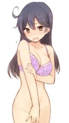 10s 1girl ahoge black_hair blush bottomless bra bra_only breasts brown_eyes collarbone covering_crotch covering_privates embarrassed hair_between_eyes kantai_collection large_breasts long_hair looking_at_viewer nagami_yuu no_panties purple_bra simple_background solo standing underwear underwear_only ushio_(kancolle) white_background rating:Questionable score:48 user:danbooru