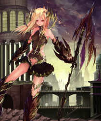  1girl armor bad_id bad_pixiv_id blonde_hair building highres long_hair looking_at_viewer md5_mismatch pixiv_fantasia pixiv_fantasia_fallen_kings polearm red_eyes skirt solo solru spear tyappygain weapon 