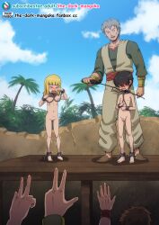  1girl 2boys age_difference barefoot bdsm black_hair blonde_hair blush bondage bound chain cleft_of_venus clothed_male_nude_female clothed_male_nude_male cloud collar completely_nude crying flat_chest grey_hair hands_up height_difference loli multiple_boys nude palm_tree pectorals penis pussy shota sky slave slave_market small_penis testicles the_dark_mangaka tree trembling wooden_floor  rating:Explicit score:137 user:Twili007