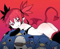  1girl akableak animal_costume ass bare_back bare_shoulders black_bra black_gloves black_ribbon black_thighhighs bottomless bra breasts bright_pupils carrying carrying_person closed_mouth commentary crowd_surfing demon_girl demon_tail demon_wings disgaea earrings elbow_gloves english_commentary etna_(disgaea) fang fanny_pack from_side gloves gradient_background hair_ribbon hair_up jewelry layered_legwear loli looking_at_viewer looking_to_the_side lying makai_senki_disgaea mini_wings naughty_face on_stomach penguin_costume pointy_ears prinny pussy red_background red_eyes red_hair red_tail red_thighhighs red_wings ribbon short_twintails skull_earrings slit_pupils small_breasts smile solo strapless strapless_bra tail thighhighs tsurime twintails underwear v-shaped_eyebrows white_pupils wings 