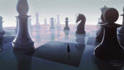  1girl absurdres bishop_(chess) black_dress black_hair board_game chess chess_piece chessboard dated dress highres king_(chess) knight_(chess) nothingblues_yuki original oversized_object pawn_(chess) queen_(chess) reflective_floor rook_(chess) scenery signature snow snowing twitter_username 