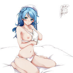 1girl :o bare_legs barefoot bed_sheet blue_eyes blue_hair blush breasts character_name closed_mouth clothing_aside collarbone commentary_request double_bun hair_bun hat highres kantai_collection large_breasts medium_hair navel nipples panties rizzl sailor_hat signature simple_background sitting solo tank_top twitter_username underwear underwear_only urakaze_(kancolle) wariza white_background white_hat white_panties rating:Questionable score:26 user:danbooru
