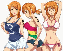 1girl :p alternate_costume armpits arms_up ass bare_shoulders bikini bracelet breasts brown_eyes cleavage clothes_pull clothes_writing cowboy_shot from_side hairu half-closed_eyes jewelry large_breasts log_pose looking_back lowleg lowleg_bikini miniskirt multiple_persona multiple_views nami_(one_piece) narrow_waist navel one_eye_closed one_piece one_piece:_strong_world orange_hair pink_bikini short_hair side-tie_bikini_bottom simple_background skirt smile strapless sweat swimsuit tattoo thigh_gap thighs tongue tongue_out tube_top wet white_background wink  rating:Sensitive score:272 user:danbooru