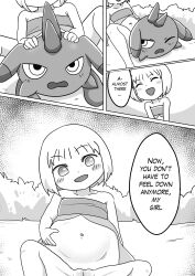  1boy 1girl absurdres cleft_of_venus comic crossover depresso english_text guu_(jungle_wa_itsumo) highres interspecies jungle_wa_itsumo_hare_nochi_guu loli monochrome multiple_views outdoors palworld pussy sequential speech_bubble tagme unbirthing vaginal vore 