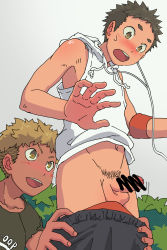  2boys blush censored foreskin grin highres male_focus multiple_boys outdoors penis public_indecency smile tagme testicles undressing yaoi zngo  rating:Explicit score:70 user:harucho