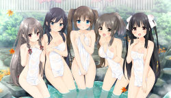 5girls :d :o arm_between_breasts autumn autumn_leaves bare_arms bare_legs bare_shoulders between_breasts black_hair black_ribbon body_blush bow braid breast_hold breast_press breasts brown_hair bush chestnut_mouth cleavage closed_mouth collarbone covered_navel covering_privates eyebrows falling_leaves fence front_braid game_cg groin hair_bow hair_ornament hair_ribbon hairclip hand_on_own_chest head_tilt highres index_finger_raised kani_biimu koi_to_koi_suru_utopia large_breasts leaf leaning_forward long_hair looking_at_viewer maihara_yukina medium_breasts morinaga_rika_(koipia) multiple_girls naked_towel nishihara_kaho nude_cover onsen open_mouth outdoors path plant red_bow red_eyes ribbon road rock shiny_skin side_braid sitting smile soaking_feet takasugi_nanao tareme thighs towel tree twin_braids twintails very_long_hair water wet_towel white_ribbon yashiki_moegi rating:Questionable score:38 user:danbooru