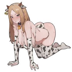 1girl 5t_(5t_000) absurdres all_fours animal_ears animal_print ass bell bikini blonde_hair blush breasts cleavage closed_mouth collar cow_ears cow_horns cow_print cow_print_bikini cowbell earclip elbow_gloves gloves grey_eyes hanging_breasts highres horns large_breasts long_hair looking_at_viewer metal_collar mole mole_under_eye neck_bell nipples original parted_bangs partially_fingerless_gloves print_bikini simple_background solo sweat swimsuit thighhighs white_background rating:Questionable score:226 user:danbooru