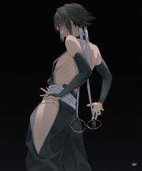  1girl absurdres backless_outfit black_background black_eyes black_hair bleach breasts highres hip_vent izei1337 long_hair profile ribs short_hair_with_long_locks sideboob simple_background small_breasts solo sui-feng  rating:Sensitive score:45 user:danbooru