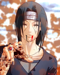 1boy absurdres black_hair black_nails black_shirt blood blood_from_mouth blood_on_face blood_on_hands closed_eyes collarbone facial_mark hand_up highres jewelry mesh_shirt naruto_(series) naruto_shippuuden ring saburo_des shirt smile twitter_username uchiha_itachi upper_body