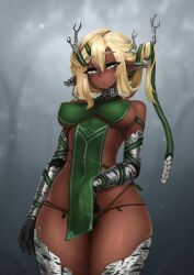  1girl antlers barbariank bare_shoulders black_gloves blonde_hair breast_bondage breasts commentary covered_erect_nipples cowboy_shot dark-skinned_female dark_skin dryad elbow_gloves english_commentary eyes_visible_through_hair freckles gloves green_eyes green_ribbon hair_between_eyes hair_ribbon highres horns large_breasts leaf_panties leaf_print long_hair long_pointy_ears monster_girl original panties pelvic_curtain plant_girl pointy_ears print_panties revealing_clothes ribbon rope solo symbol-shaped_pupils thick_eyebrows thick_thighs thighs underwear wide_hips 