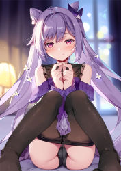  1girl :o alternate_costume ass black_panties black_pantyhose blurry blurry_background blush breasts cameltoe clothes_pull curtains embarrassed fingers_together genshin_impact hair_ornament indoors keqing_(genshin_impact) knees_together_feet_apart knees_up lamp looking_at_viewer miyase_mahiro panties panties_under_pantyhose pantyhose pantyhose_pull purple_eyes purple_hair purple_sweater raised_eyebrows sitting smile solo sweater thighs underwear window  rating:Questionable score:151 user:danbooru