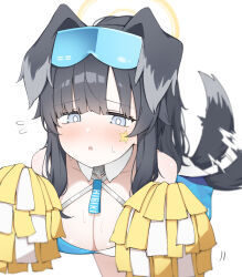  1girl animal_ears black_hair blue_archive breasts cheerleader cleavage cowboy_shot detached_collar dog_ears dog_tail eyewear_on_head facial_mark flying_sweatdrops grey_eyes halo halterneck hibiki_(blue_archive) hibiki_(cheer_squad)_(blue_archive) highres holding holding_pom_poms large_breasts long_hair millennium_cheerleader_outfit_(blue_archive) official_alternate_costume pom_pom_(cheerleading) pom_poms ponytail safety_glasses simple_background solo star_(symbol) tail white_background yellow_halo yuukun_mk-ii  rating:Sensitive score:9 user:danbooru