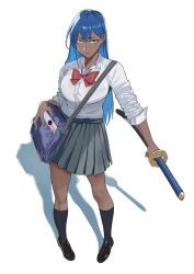  1girl absurdres bag blue_eyes bow bowtie collared_shirt dark-skinned_female dark_skin deadpool full_body hair_behind_ear hair_ornament hairclip highres holding holding_sword holding_weapon loafers long_hair looking_at_viewer marvel mugi_(mugit49) nail_polish original pleated_skirt school_bag school_uniform see-through see-through_shirt shirt shirt_tucked_in shoes skirt sleeves_pushed_up socks solo sword weapon 