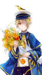  1boy agent_no.9 animal animal_on_head bandage_over_one_eye bandages bird bird_on_head blonde_hair bouquet eyepatch flower hat highres james_(vocaloid) male_focus oliver_(vocaloid) on_head one_eye_covered sailor sailor_hat short_hair simple_background smile solo tree vocaloid yellow_eyes  rating:Sensitive score:6 user:CamiMikune