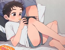  adltmn_yuma age_difference boxer_briefs eating gaming lying male_focus male_underwear on_back on_bed penis penis_peek shirt shota testicle_peek underwear white_shirt  rating:Explicit score:87 user:Verify45