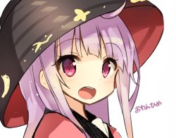  1girl alternate_hair_length alternate_hairstyle blush bowl long_hair looking_at_viewer object_on_head open_mouth pink_eyes portrait purple_hair shinoba simple_background smile solo sukuna_shinmyoumaru text_focus touhou white_background 