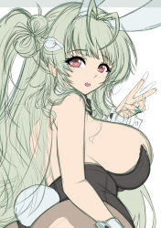  1girl :o animal_ears antenna_hair black_bow black_bowtie black_leotard blush bowtie breasts brown_pantyhose detached_collar fake_animal_ears fake_tail from_behind goddess_of_victory:_nikke green_hair green_nails heart_antenna_hair large_breasts leotard long_hair nail_polish pantyhose parted_lips pink_eyes playboy_bunny rabbit_ears rabbit_tail sevie sideboob soda_(nikke) soda_(twinkling_bunny)_(nikke) solo strapless strapless_leotard tail twintails unfinished v wrist_cuffs 