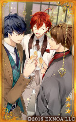  3boys :d ^_^ alcohol aqua_vest ascot belt belt_buckle black_belt black_necktie blue_hair blurry blurry_background braid braided_bangs brown_hair brown_necktie brown_pants brown_suit buckle bungou_to_alchemist card_(medium) champagne champagne_flute checkered_floor closed_eyes collared_shirt copyright_notice cowboy_shot crossed_bangs cup dan_kazuo_(bungou_to_alchemist) dazai_osamu_(bungou_to_alchemist) drinking_glass eye_contact formal green_eyes grey_jacket grey_suit grey_vest hair_between_eyes hair_ornament hairclip holding holding_cup indoors jacket lapels long_sleeves looking_at_another lowres male_focus multiple_boys necktie notched_lapels official_art open_clothes open_jacket open_mouth pants parted_lips plaid plaid_vest pocket_square profile red_ascot red_hair satou_haruo_(bungou_to_alchemist) shawl_lapels shirt short_hair smile standing striped striped_vest suit suit_jacket tareme tree vest wand3754 white_jacket white_pants white_suit window yellow_eyes 