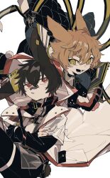 2boys absurdres animal_ears arknights ayerscarpe_(arknights) bandaid bandaid_on_face bandaid_on_nose black_coat black_shorts blonde_hair brown_hair coat cowboy_shot crossed_arms falling green_eyes highres knees_up leonhardt_(arknights) looking_at_viewer lop_rabbit_ears male_focus multiple_boys open_mouth parted_lips rabbit_ears red_eyes remu_(kudarizaka_25) shorts simple_background smile white_background white_coat 