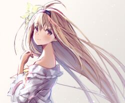  1girl ahoge bare_shoulders black_hairband bow bowtie brown_hair closed_mouth collared_shirt commentary_request fingernails flower frilled_shirt frilled_sleeves frills from_side gradient_background granblue_fantasy grey_background hair_between_eyes hair_flower hair_ornament hairband hand_up highres jeanne_d&#039;arc_(granblue_fantasy) light_blush light_particles long_hair long_sleeves looking_at_viewer off-shoulder_shirt off_shoulder red_eyes shirt simple_background smile solo straight_hair upper_body usamata very_long_hair white_shirt white_sleeves wide_sleeves yellow_bow yellow_bowtie yellow_flower 
