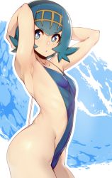 1girl absurdres armpits arms_up bad_id bad_pixiv_id blue_hair blue_one-piece_swimsuit blush bright_pupils casual_one-piece_swimsuit creatures_(company) flat_chest from_side game_freak hair_ornament highres lana_(pokemon) looking_at_viewer looking_to_the_side nintendo one-piece_swimsuit pokemon pokemon_sm profile shiny_skin short_hair slugbox solo standing swimsuit trial_captain rating:Questionable score:177 user:danbooru