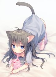 1girl ahoge all_fours animal_ears bed_sheet biting black_hair blue_eyes blush breasts cat_ears cat_girl cat_tail commentary_request downblouse ear_biting full_body grey_shirt hair_between_eyes kuu_(mani) long_hair looking_at_viewer no_bra no_pants no_shoes original shirt short_sleeves small_breasts solo striped_clothes striped_thighhighs stuffed_animal stuffed_rabbit stuffed_toy tail thighhighs usashiro_mani rating:Sensitive score:18 user:danbooru