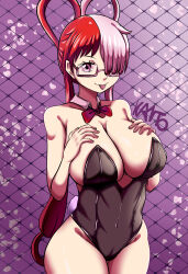 1girl absurdres artist_request black_leotard breasts cleavage facing_viewer glasses hair_over_one_eye hands_on_own_breasts highres large_breasts leotard looking_at_viewer multicolored_hair one_piece pink_hair playboy_bunny purple_eyes rabbit_tail red_hair solo strapless strapless_leotard tongue tongue_out two-tone_hair uta_(one_piece) rating:Questionable score:12 user:r0tan1