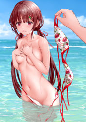 1girl bikini bikini_bottom_only unworn_bikini_top blue_sky blurry blurry_background breasts cloud collarbone commentary_request covering_privates covering_breasts depth_of_field food-themed_hair_ornament food_print gibun_(sozoshu) hair_ornament hair_ribbon hands_on_own_breasts hands_up highres holding holding_clothes long_hair looking_at_viewer low_twintails medium_breasts navel original pov pov_hands print_bikini red_eyes red_ribbon revision ribbon side-tie_bikini_bottom sky solo_focus standing strawberry_hair_ornament strawberry_print swimsuit tearing_up twintails untied_bikini very_long_hair wading wardrobe_malfunction water wet rating:Sensitive score:99 user:danbooru