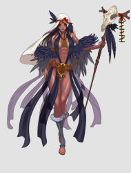  1girl abs bad_id bad_pixiv_id barefoot breasts dark-skinned_female dark_skin feathers full_body grey_background long_hair revealing_clothes simple_background skull solo staff tan thighs toeless_legwear toes very_long_hair yunori 