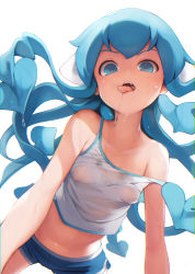  1girl ataruman bare_shoulders blue_eyes blue_hair blue_shorts breasts camisole chromatic_aberration collarbone covered_erect_nipples drooling femdom from_below highres ikamusume long_hair looking_at_viewer midriff naughty_face navel no_bra off_shoulder open_mouth saliva saliva_trail see-through shinryaku!_ikamusume shirt short_shorts shorts simple_background small_breasts solo stomach strap_slip tank_top tentacle_hair tongue tongue_out wet wet_clothes wet_shirt white_background you_gonna_get_raped  rating:Questionable score:267 user:danbooru